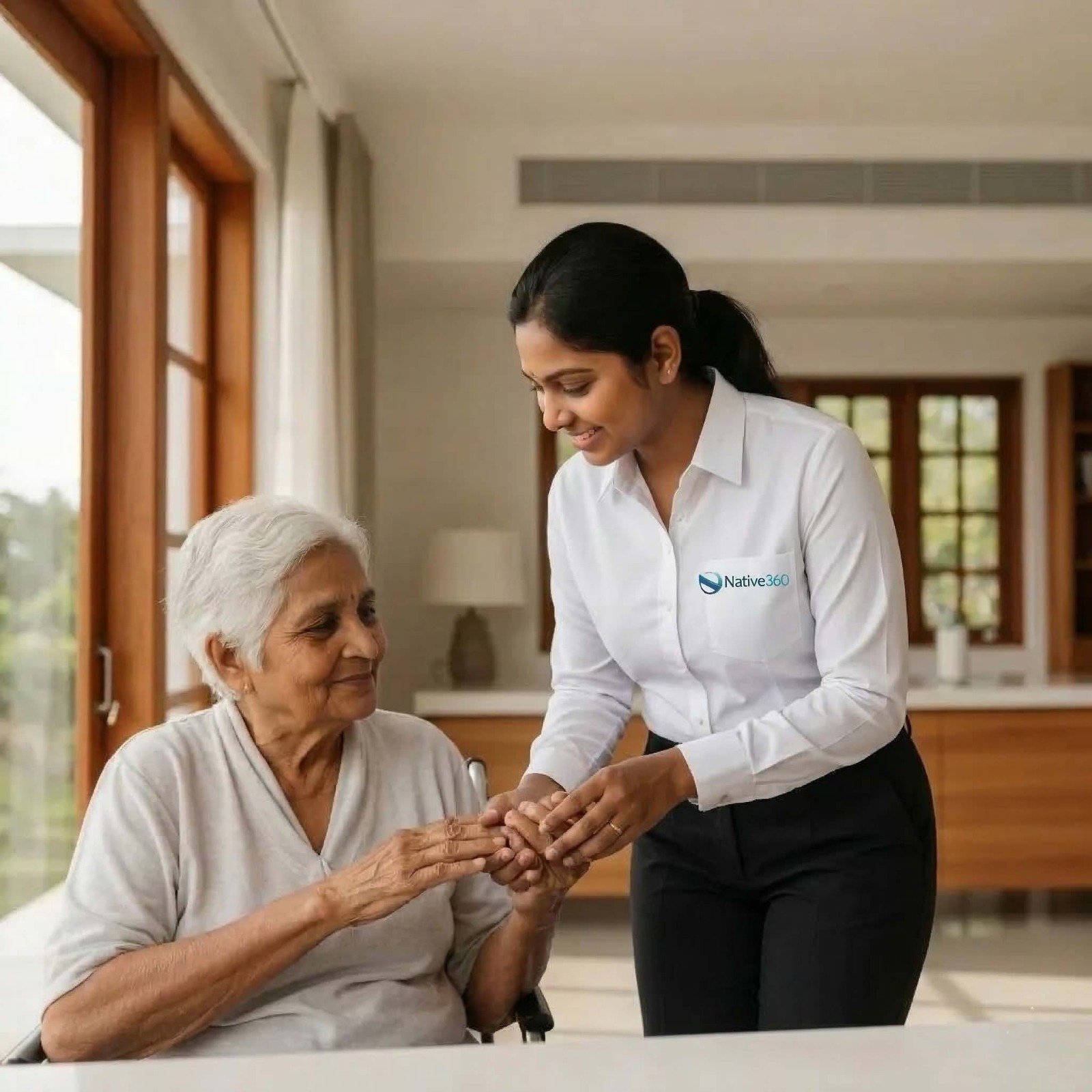 Caregiver helping elderly person with meals